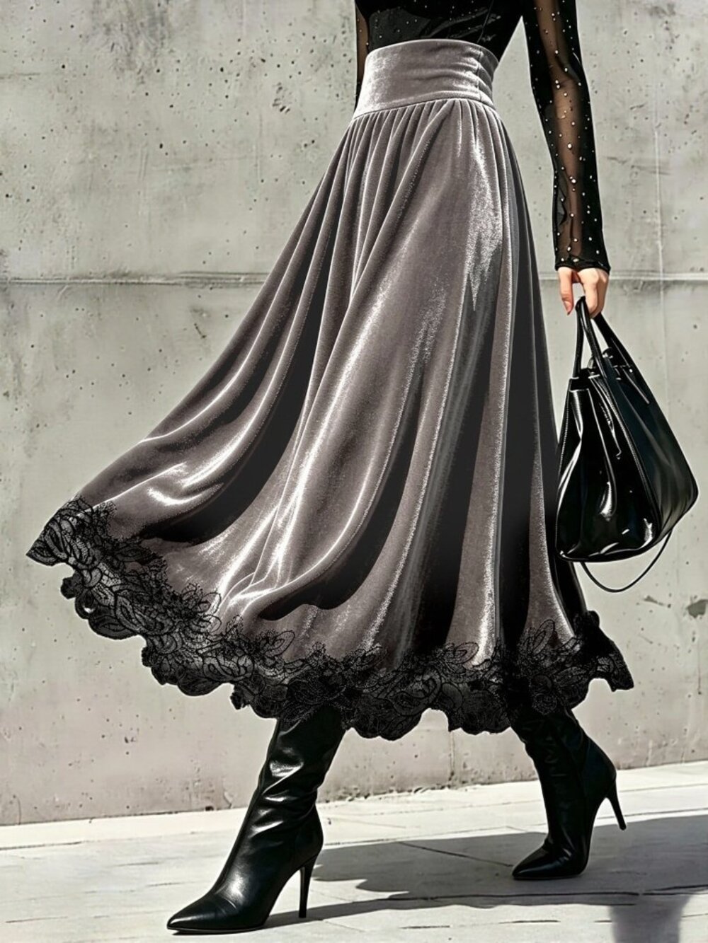 Mocha Brown Elegant Women's Velvet Flared Long Skirt